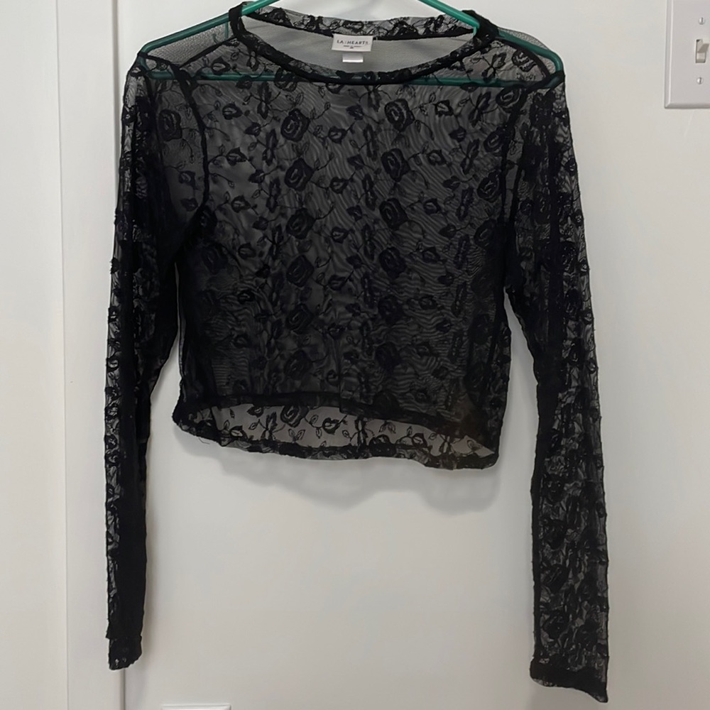 Black sheer, long sleeve cropped top